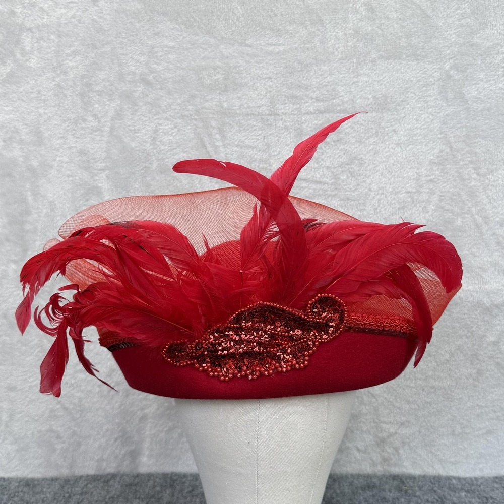 VTG Red Wool Hat Bowler Fascinator Womens Beaded Feathers Derby Church Wedding